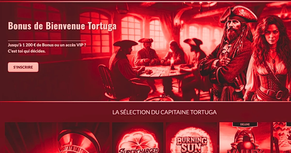 Capture d’écran du casino en ligne Tortuga Casino avec bonus de bienvenue et sélection de jeux, avant la fermeture définitive de la plateforme.