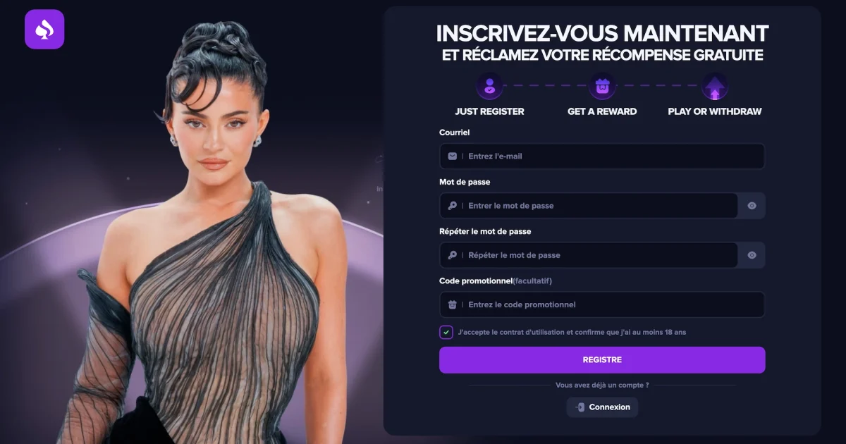 Page d’inscription sur Kylie Casino en version desktop, montrant Kylie Jenner à gauche et le formulaire d’inscription à droite, avec le texte “Inscrivez-vous maintenant et réclamez votre récompense gratuite” sur fond violet.