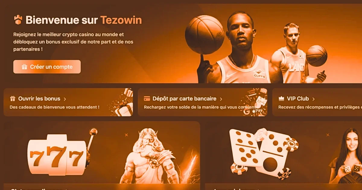 Page d'accueil du faux Andrew Tate Casino Tezowin sur ordinateur, avec deux basketteurs en maillot Cleveland Cavaliers et un bouton « Créer un compte » qui pousse à s'inscrire à l'arnaque.