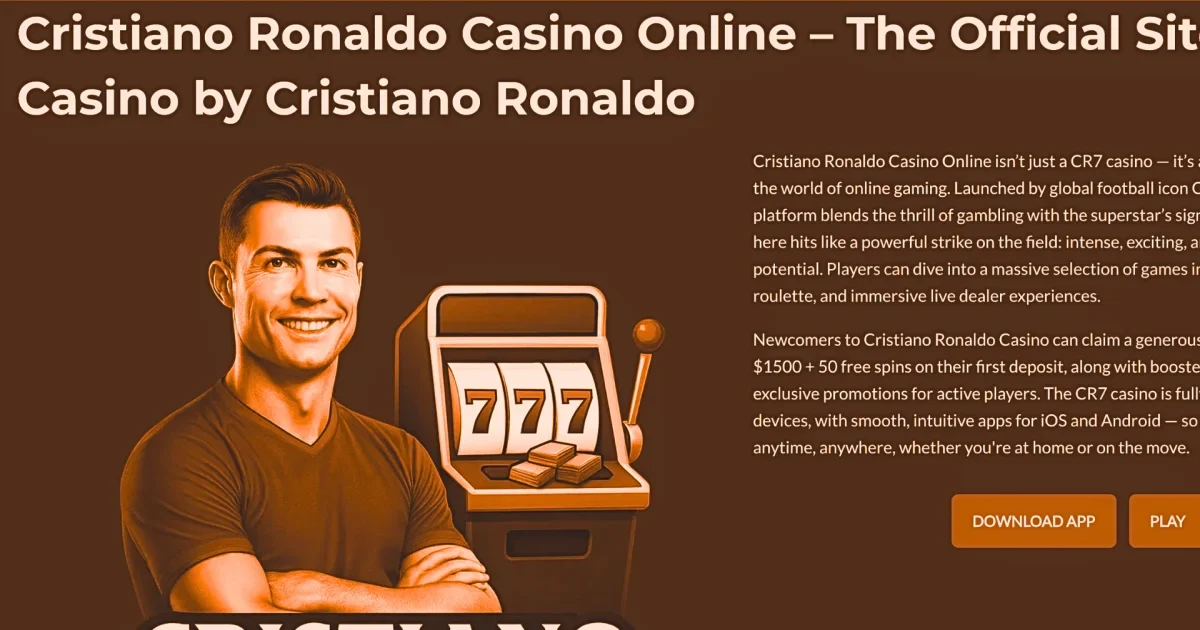 Faux casino en ligne Cristiano Ronaldo Casino Online qui affiche une image du joueur, une machine à sous 777 et un bouton pour télécharger l'appli, pour se faire passer pour un site officiel.