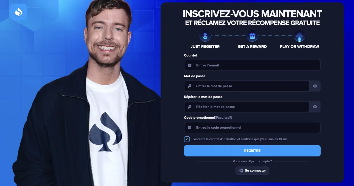 Page d’inscription du site frauduleux Mr Beast Casino avec une grande photo de Mr Beast et un formulaire qui demande un email, un mot de passe et un code promotionnel pour réclamer une récompense gratuite.