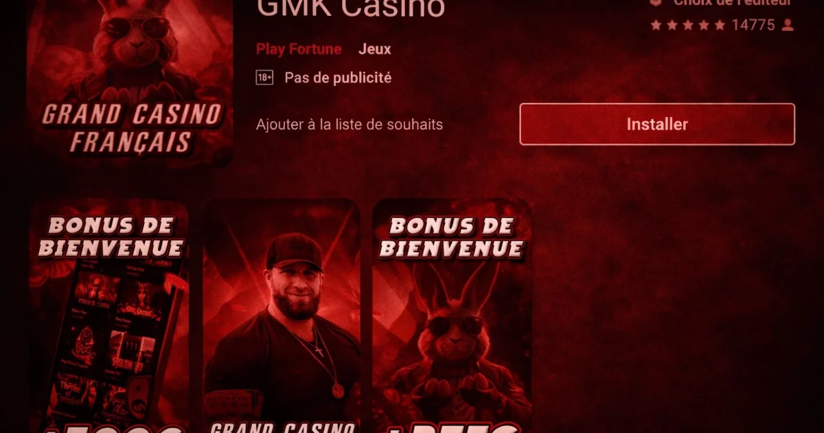 Visuel de mise en avant Front Populaire montrant GMK Casino dans une ambiance rouge sombre et dramatique, avec des bonus de bienvenue, l’application mobile de casino en ligne et une esthétique éditoriale marquant la puissance et les risques du jeu en ligne.