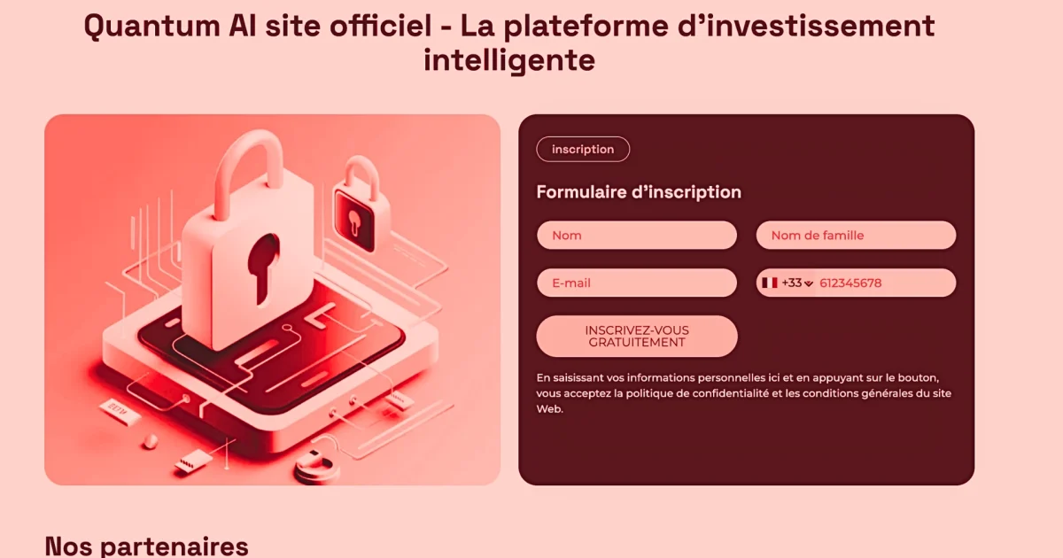 Faux site Quantum AI se présentant comme une plateforme d’investissement intelligente avec un formulaire d’inscription demandant nom, email et téléphone pour inciter les utilisateurs à déposer de l’argent.