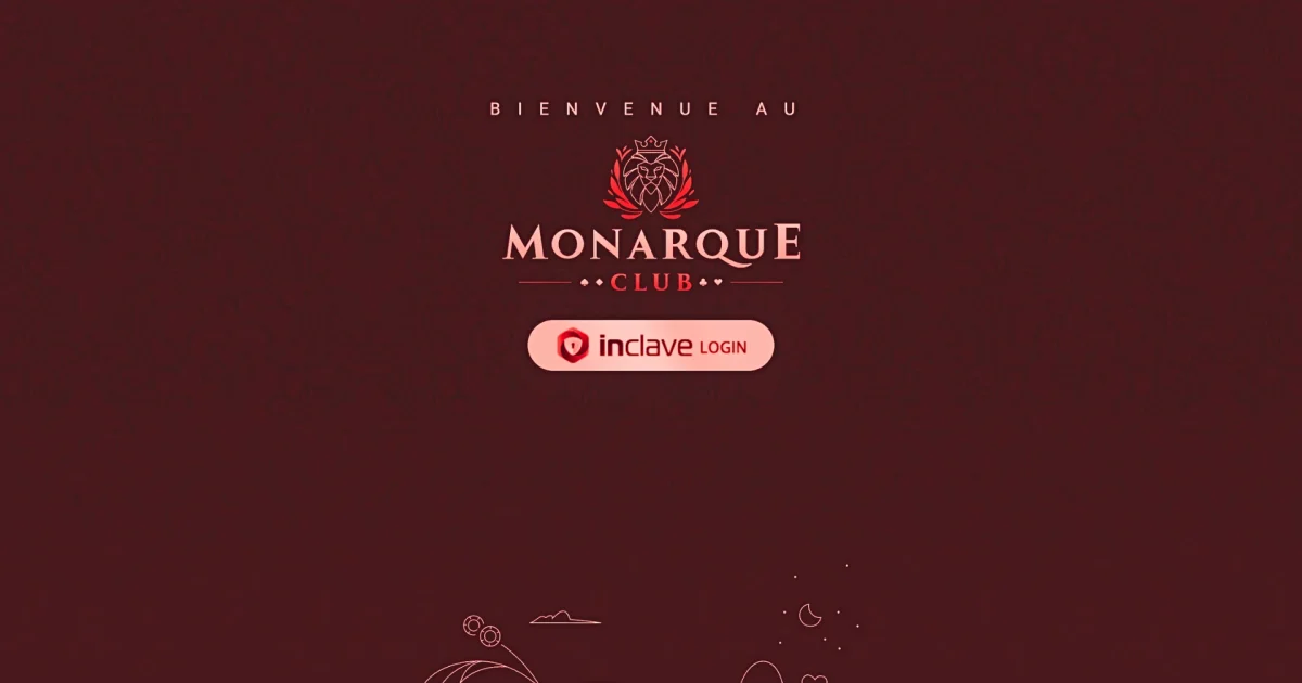 Page de connexion du casino en ligne Monarque Club avec écran de bienvenue, logo Monarque Club et bouton de connexion Inclave Login sur fond rouge foncé.