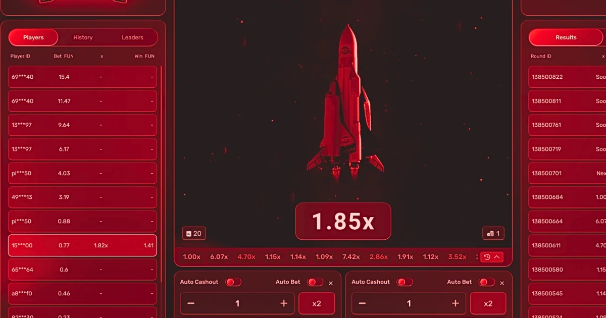 Écran du jeu crash Rocketon sur casino en ligne avec une fusée au centre prête à décoller, multiplicateur affiché à 1.85x, historique des multiplicateurs en bas (1.00x, 6.07x, 4.70x, 7.42x…), mode démo actif avec 100000 FUN en haut à droite, options Auto Cashout et Auto Bet activables, bouton DEMO BET visible pour parier au prochain tour.