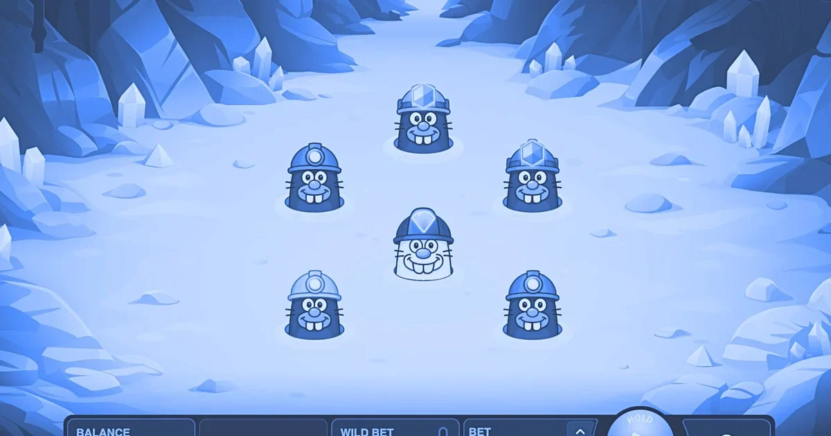 Interface du jeu de la taupe Topo Mole par InOut Games avec six taupes qui sortent de leurs trous dans une grotte, le Wild Bet à 0,80 $ et la mise à 0,20 $ affichés en bas.