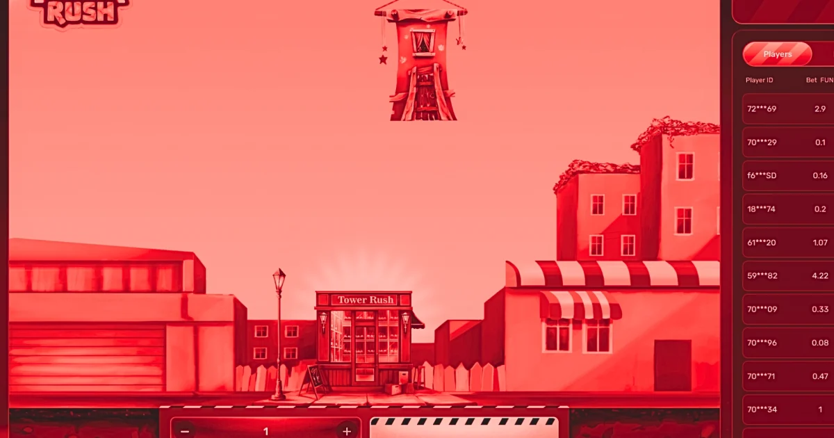 Interface du jeu de la tour Tower Rush sur casino en ligne, montrant un étage suspendu par une grue prêt à être posé sur la tour, décor urbain en arrière-plan avec boutique Tower Rush, bouton BUILD au centre en bas, options ALL IN et x2 visibles, mode FUN à 100000 crédits affiché en haut à droite et liste des joueurs en direct sur le côté droit.