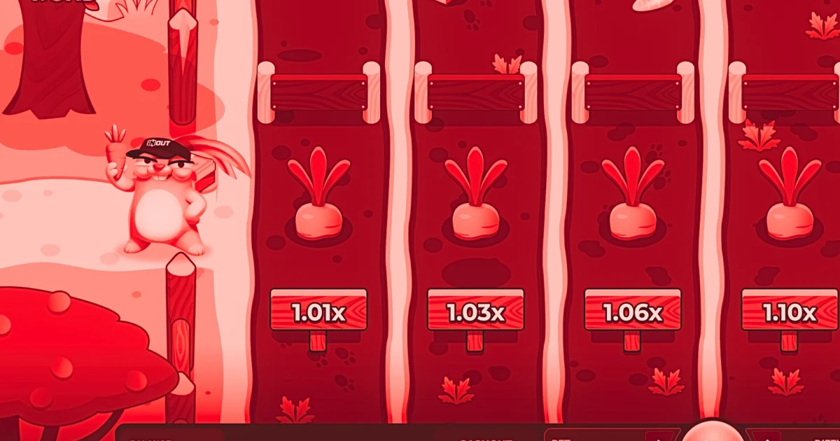 Écran du jeu Rabbit Road sur casino en ligne, montrant un lapin tenant une carotte à gauche de l’écran, plusieurs cases avec multiplicateurs 1.01x, 1.03x, 1.06x et 1.10x affichés, balance à 1 000 000 en bas, section Cashout et mise réglée à 0.6, bouton Play rouge central et logo INOUT visible.