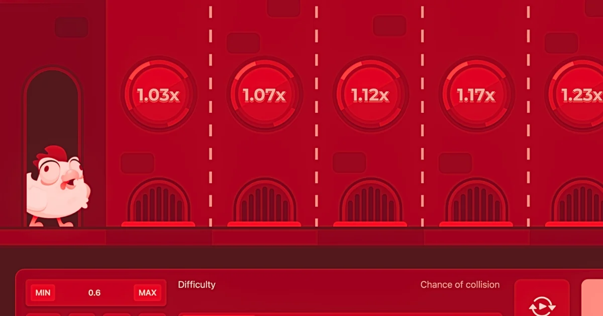 Interface du jeu du poulet Chicken Road sur casino en ligne, montrant le poulet prêt à traverser la route, plusieurs cases avec multiplicateurs progressifs (1.03x, 1.07x, 1.12x, 1.17x, 1.23x), sélection de la difficulté (Easy, Medium, Hard, Hardcore) et choix de mise entre 0,5 $ et 7 $, avec bouton Play visible en bas de l’écran.