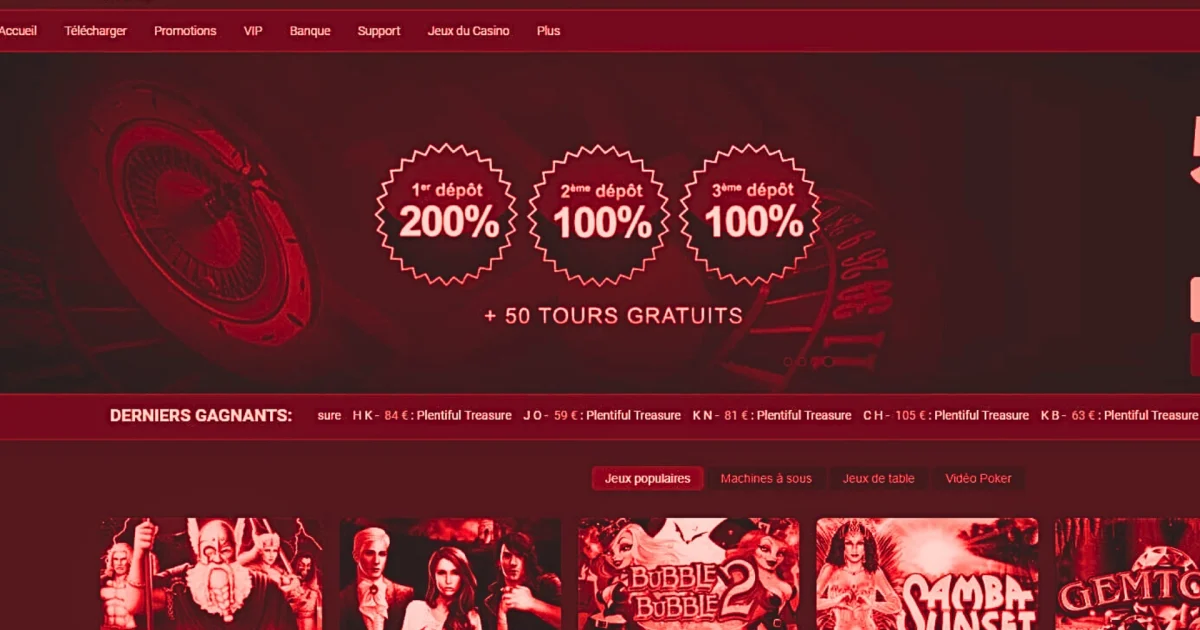 Page d’accueil du casino en ligne La Riviera Casino montrant une offre de bonus avec 200 % sur le premier dépôt, 100 % sur le deuxième et troisième dépôt, plus 50 tours gratuits, menu de navigation en haut (Promotions, VIP, Banque, Jeux du Casino) et sélection de machines à sous populaires affichées en bas.