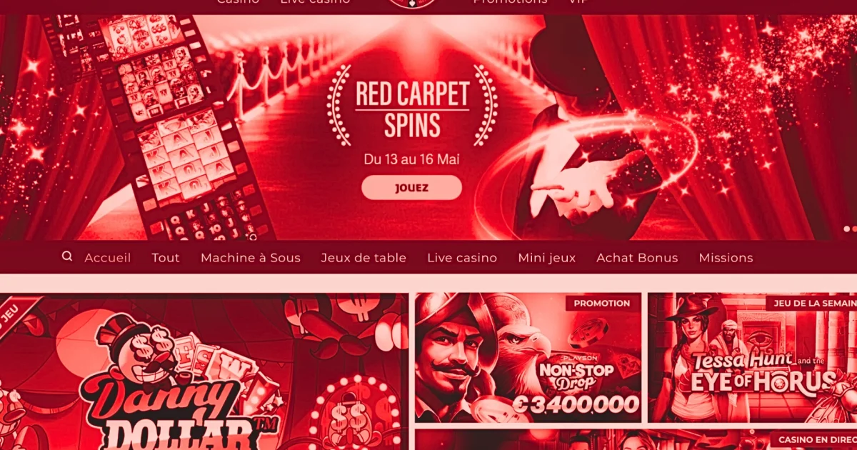 Accueil du casino en ligne Magical Spin avec bannière promotionnelle “Red Carpet Spins”, menu principal affichant Casino, Live Casino, Promotions et VIP, visuels de machines à sous populaires comme Danny Dollar et Non-Stop Drop, et bouton “Jouez” visible au centre de la page.