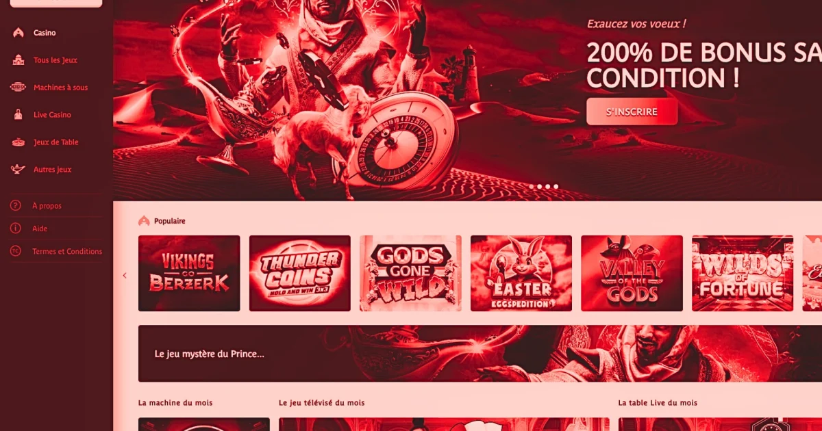 Page d’accueil du casino en ligne Prince Ali Casino avec un visuel oriental représentant un personnage tenant une roulette, message “200 % de bonus sans condition”, bouton S’inscrire, menu latéral avec accès aux machines à sous, live casino et jeux de table, et sélection de jeux populaires affichés.
