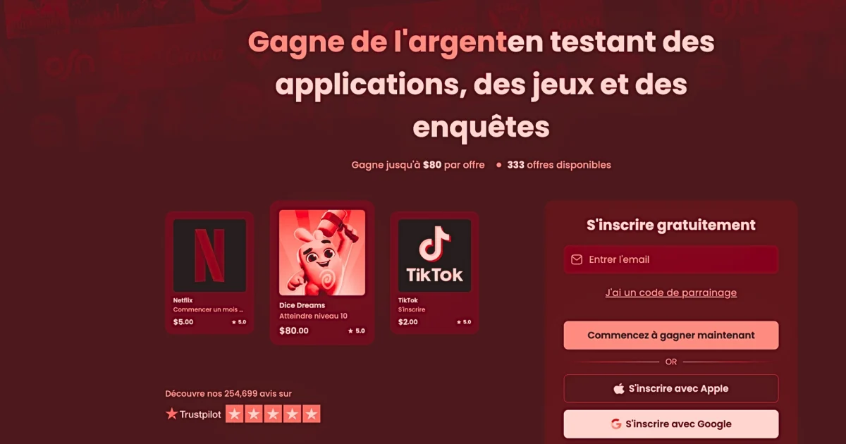 Page d’accueil du site Freecash montrant une plateforme pour gagner de l’argent en testant des applications et des jeux, avec offres comme Netflix, Dice Dreams et TikTok, formulaire d’inscription par email, boutons d’inscription via Apple, Google ou Facebook, et note Trustpilot visible en bas de l’écran.