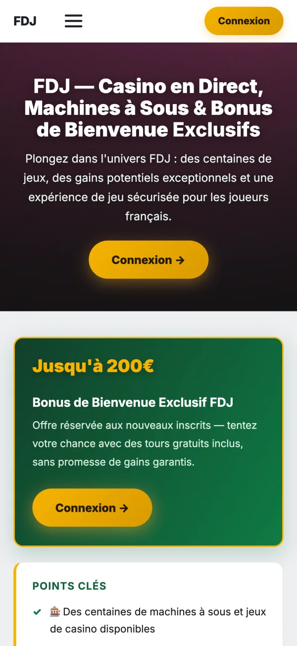 Page d'accueil du site tiers en-fdj.com qui affiche le nom FDJ, un bonus de bienvenue jusqu'à 200 € et des boutons Connexion, mais n'a aucun lien officiel avec la FDJ ou FDJ United.