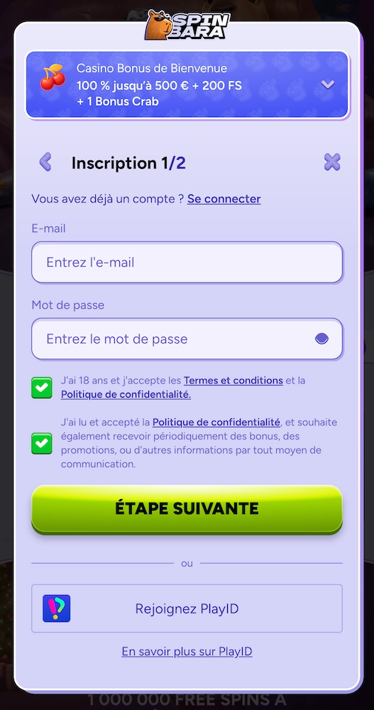 formulaire d’inscription étape 1 du casino Spinbara avec création de compte par email