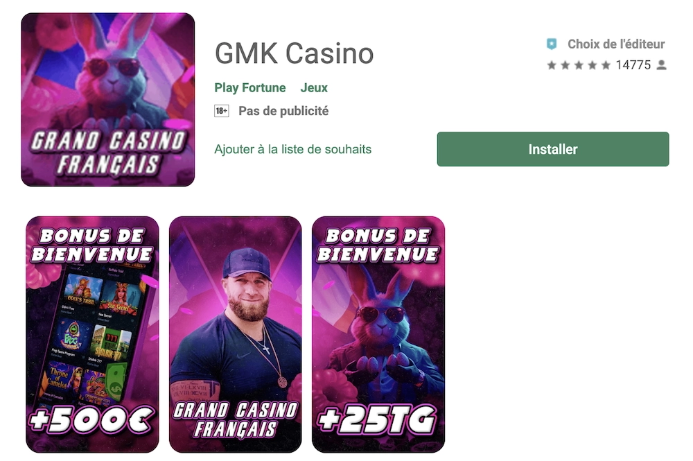 Capture d’écran d’une fausse application “GMK Casino” présentée comme un grand casino français, utilisant l’image de GMK et des bonus attractifs, mais correspondant à une arnaque se faisant passer pour une vraie application de casino en ligne.