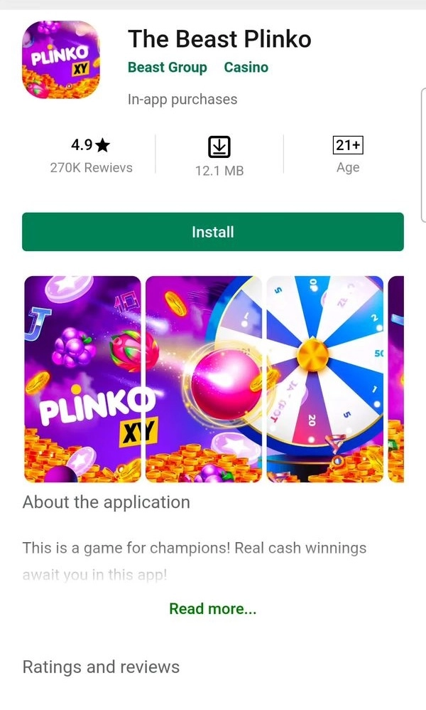 capture d'&eacute;cran d'une page qui pr&eacute;sente une fausse application The Beast Plinko cr&eacute;&eacute;e par Beast Group, la soci&eacute;t&eacute; de Mr Beast. on y voit le nom Plinko XY et une note de 4.9 sur 5 pour 270 000 avis