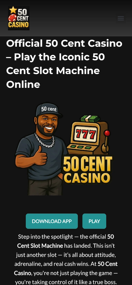 Fausse page mobile du &ldquo;50 Cent Casino&rdquo; pr&eacute;sentant un faux casino en ligne avec illustration cartoon inspir&eacute;e de 50 Cent, machine &agrave; sous 777, boutons &ldquo;Download App&rdquo; et &ldquo;Play&rdquo;, utilis&eacute;e pour faire croire &agrave; une application de casino officielle li&eacute;e au rappeur.