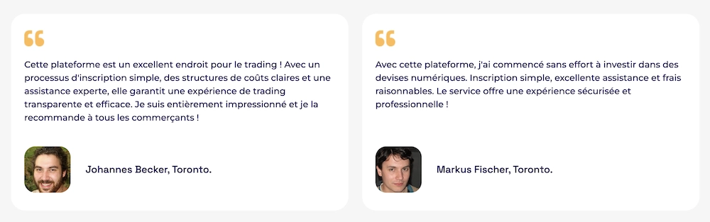 Section de faux avis clients sur le site Quantum AI avec photos g&eacute;n&eacute;riques et t&eacute;moignages trop positifs utilis&eacute;s pour cr&eacute;er une fausse impression de cr&eacute;dibilit&eacute; et inciter &agrave; investir de l&rsquo;argent.