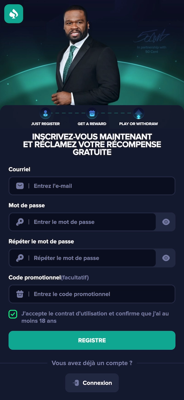 Page d&rsquo;inscription d&rsquo;un faux casino en ligne qui utilise l&rsquo;image de 50 Cent avec un formulaire o&ugrave; il faut mettre son email, un mot de passe et un code promotionnel pour r&eacute;clamer une r&eacute;compense gratuite.