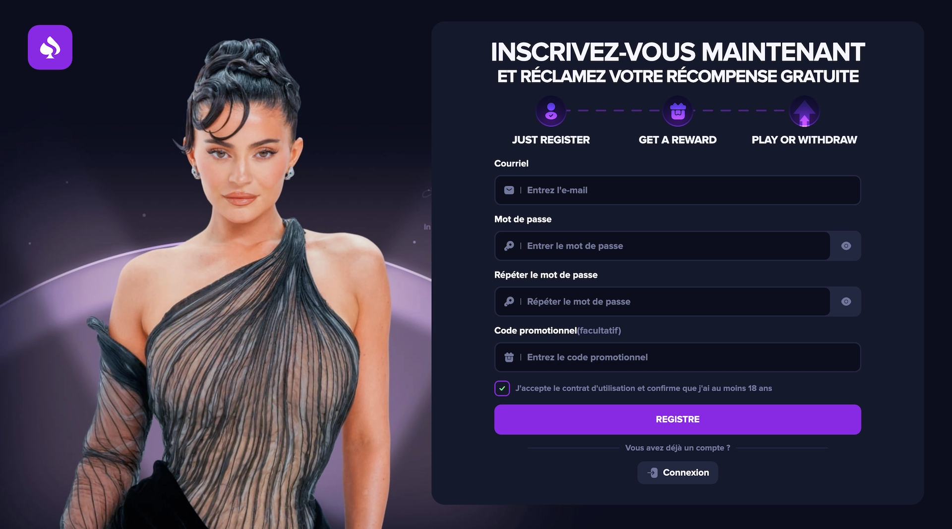 Page d’inscription sur Kylie Casino en version desktop, montrant Kylie Jenner à gauche et le formulaire d’inscription à droite, avec le texte “Inscrivez-vous maintenant et réclamez votre récompense gratuite” sur fond violet.