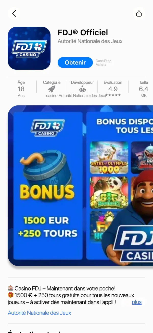 Sur la fiche App Store du faux FDJ Casino, l'appli se présente comme officielle au nom de l'Autorité Nationale des Jeux avec un bonus de 1 500 € et 250 tours gratuits.