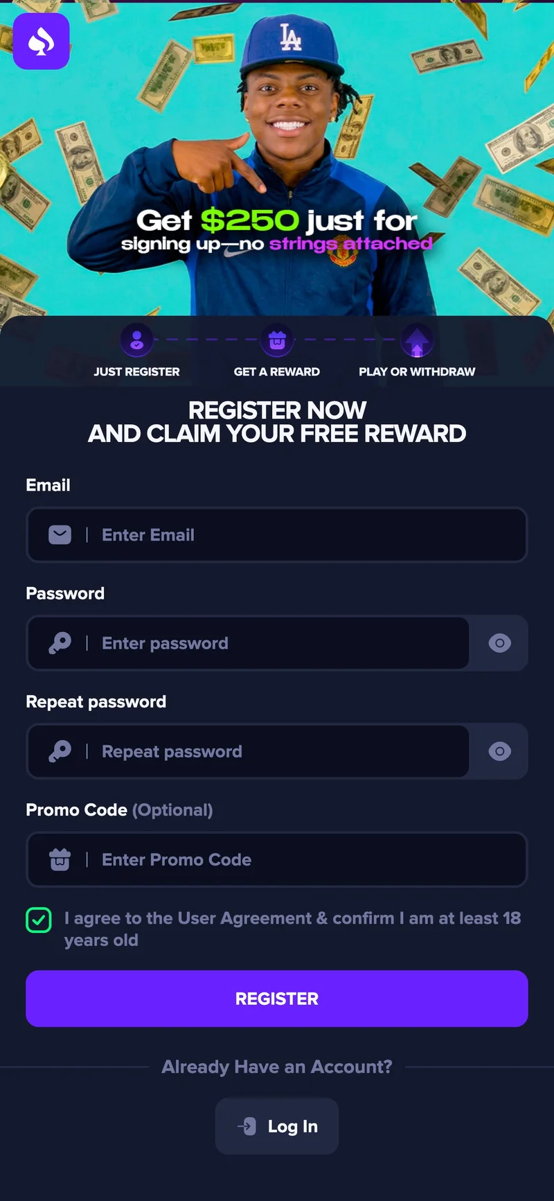Page d'inscription mobile du faux site Clarix.cc avec la photo d'iShowSpeed en fond, des billets de dollars, le message Get 250 dollars just for signing up et un formulaire d'email et mot de passe sur fond turquoise et violet.