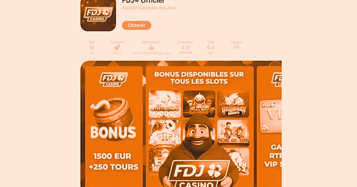 Fausse fiche App Store du FDJ Casino &eacute;dit&eacute;e au nom de l'Autorit&eacute; Nationale des Jeux, avec un bonus de 1 500 &euro; et 250 tours gratuits mis en avant pour pi&eacute;ger les joueurs.