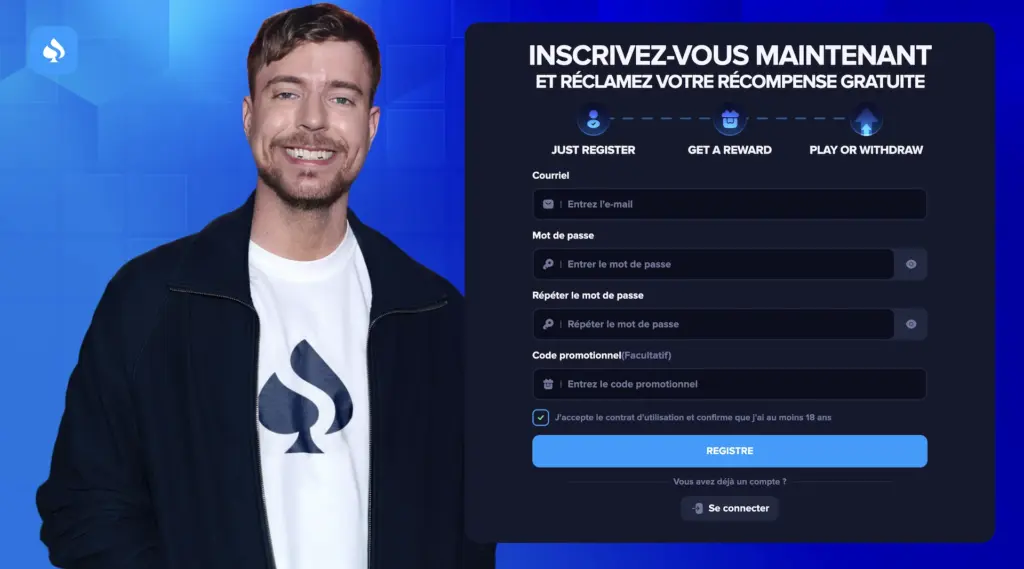Page d’inscription du site frauduleux Mr Beast Casino avec une grande photo de Mr Beast et un formulaire qui demande un email, un mot de passe et un code promotionnel pour réclamer une récompense gratuite.