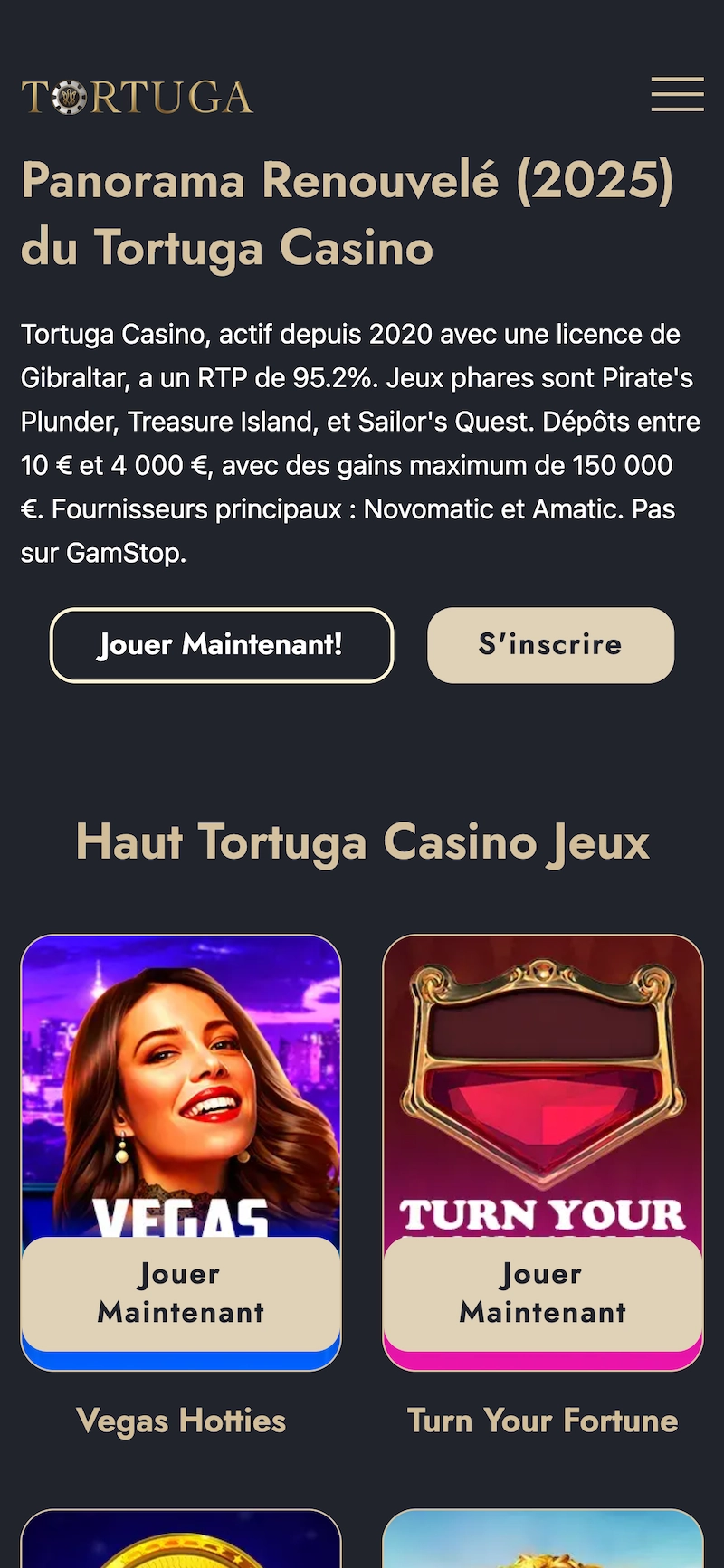 Exemple d&rsquo;un faux site utilisant le nom et le logo de Tortuga Casino, avec un design similaire &agrave; l&rsquo;ancien casino mais redirigeant vers d&rsquo;autres plateformes, sans lien officiel avec le vrai Tortuga Casino ferm&eacute;.