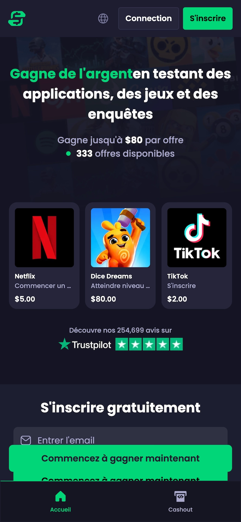 Page d&rsquo;accueil Freecash sur mobile pr&eacute;sentant les offres pour gagner de l&rsquo;argent en testant des applications, des jeux et des enqu&ecirc;tes avec les gains possibles par offre.