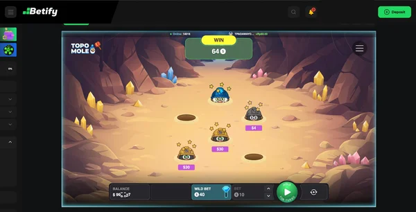 Écran de gain de 64 $ sur Topo Mole sur Betify avec quatre taupes révélées dont deux à 30 $ et une à 4 $, le Wild Bet à 40 $ et la mise à 10 $ affichés en bas.