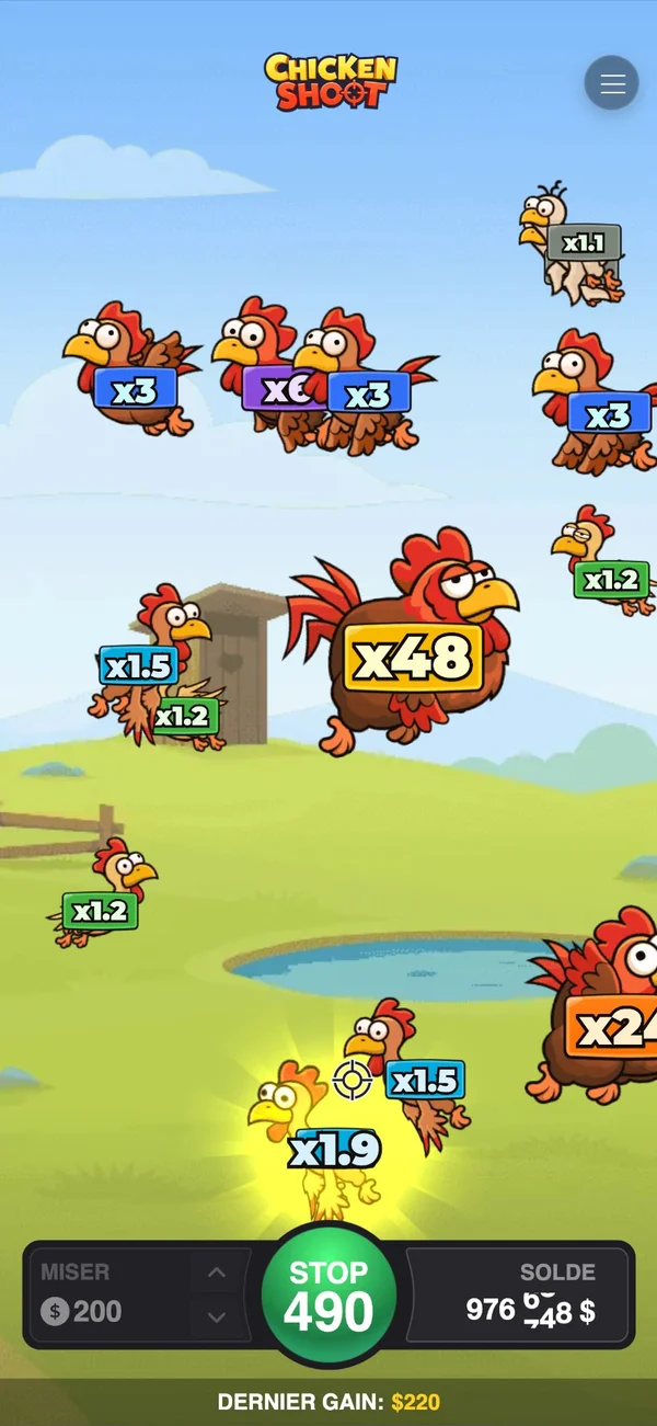 Interface de jeu de Chicken Shoot par InOut Games avec des poulets qui volent sur l'&eacute;cran, chacun avec un multiplicateur de gains, mise &agrave; 200 dollars et un gain de 220 dollars visible en bas