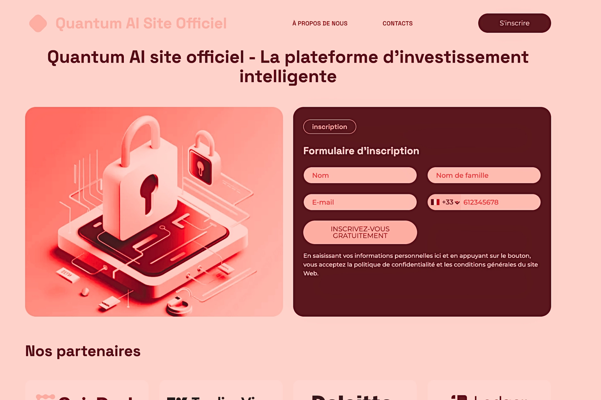 Faux site Quantum AI se présentant comme une plateforme d’investissement intelligente avec un formulaire d’inscription demandant nom, email et téléphone pour inciter les utilisateurs à déposer de l’argent.