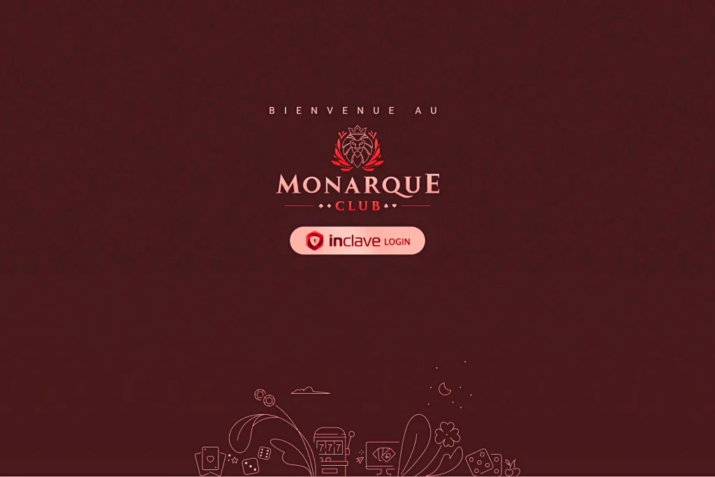 Page de connexion du casino en ligne Monarque Club avec écran de bienvenue, logo Monarque Club et bouton de connexion Inclave Login sur fond rouge foncé.