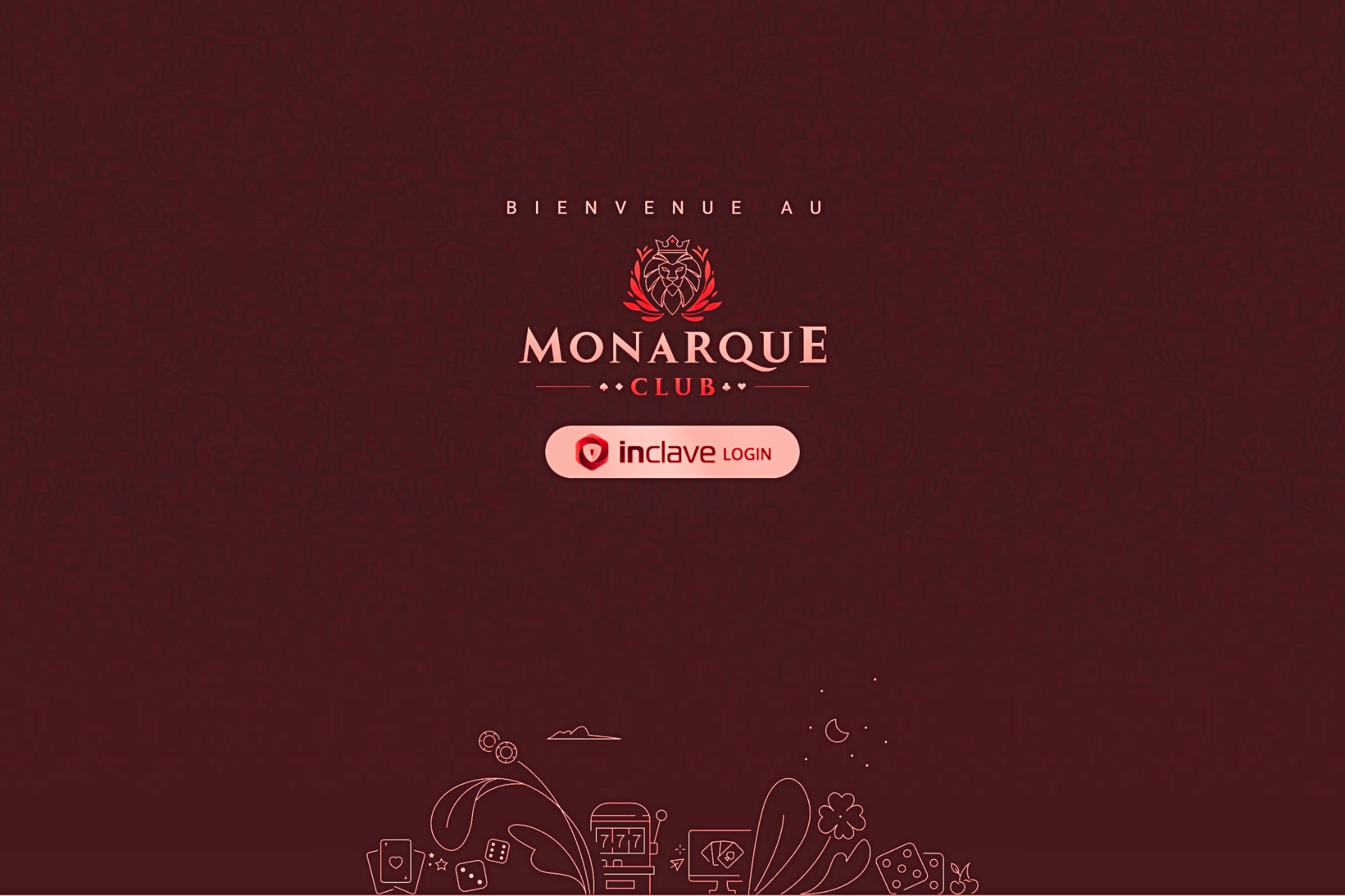 Page de connexion du casino en ligne Monarque Club avec écran de bienvenue, logo Monarque Club et bouton de connexion Inclave Login sur fond rouge foncé.