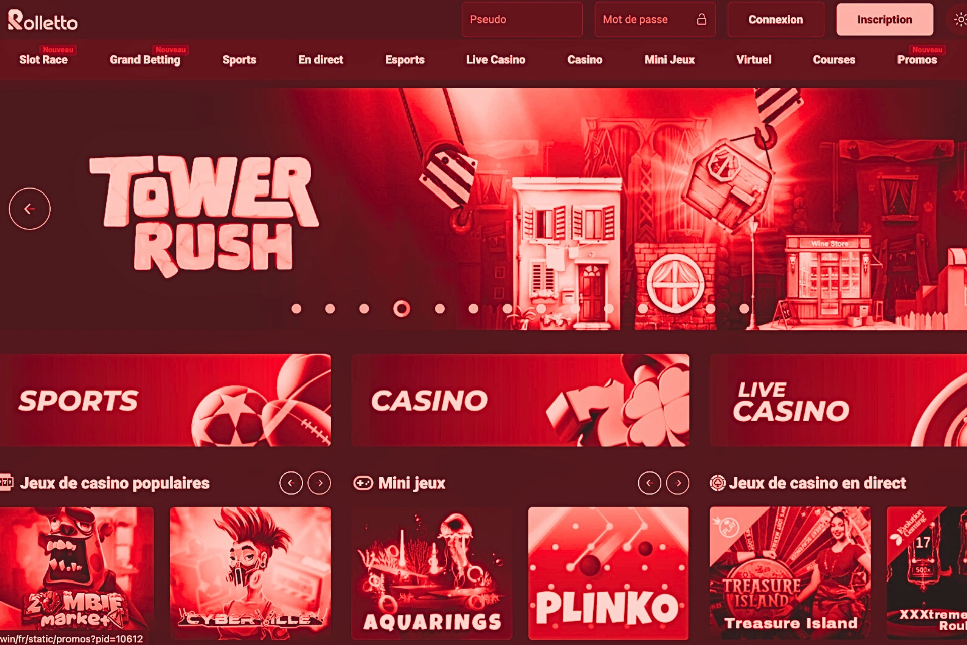 Page d&rsquo;accueil du casino en ligne Rolletto avec interface rouge, menu sports, casino et live casino, mise en avant du jeu Tower Rush et s&eacute;lection de machines &agrave; sous populaires.