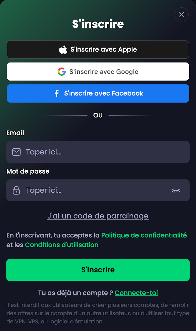 &Eacute;cran d&rsquo;inscription Freecash sur mobile montrant les options pour cr&eacute;er un compte avec Apple, Google ou Facebook, ainsi que l&rsquo;inscription par email avec mot de passe et champ pour code de parrainage.