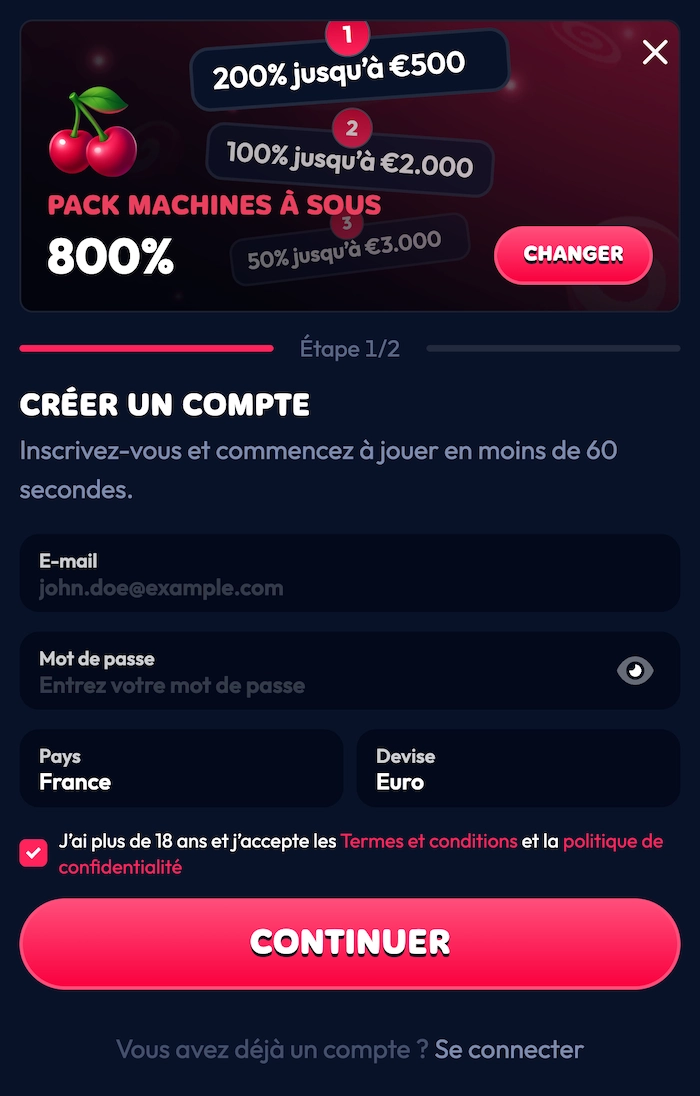 Formulaire d&rsquo;inscription mobile du casino Gambiva avec cr&eacute;ation de compte en moins de 60 secondes, s&eacute;lection du bonus machines &agrave; sous et bouton continuer.