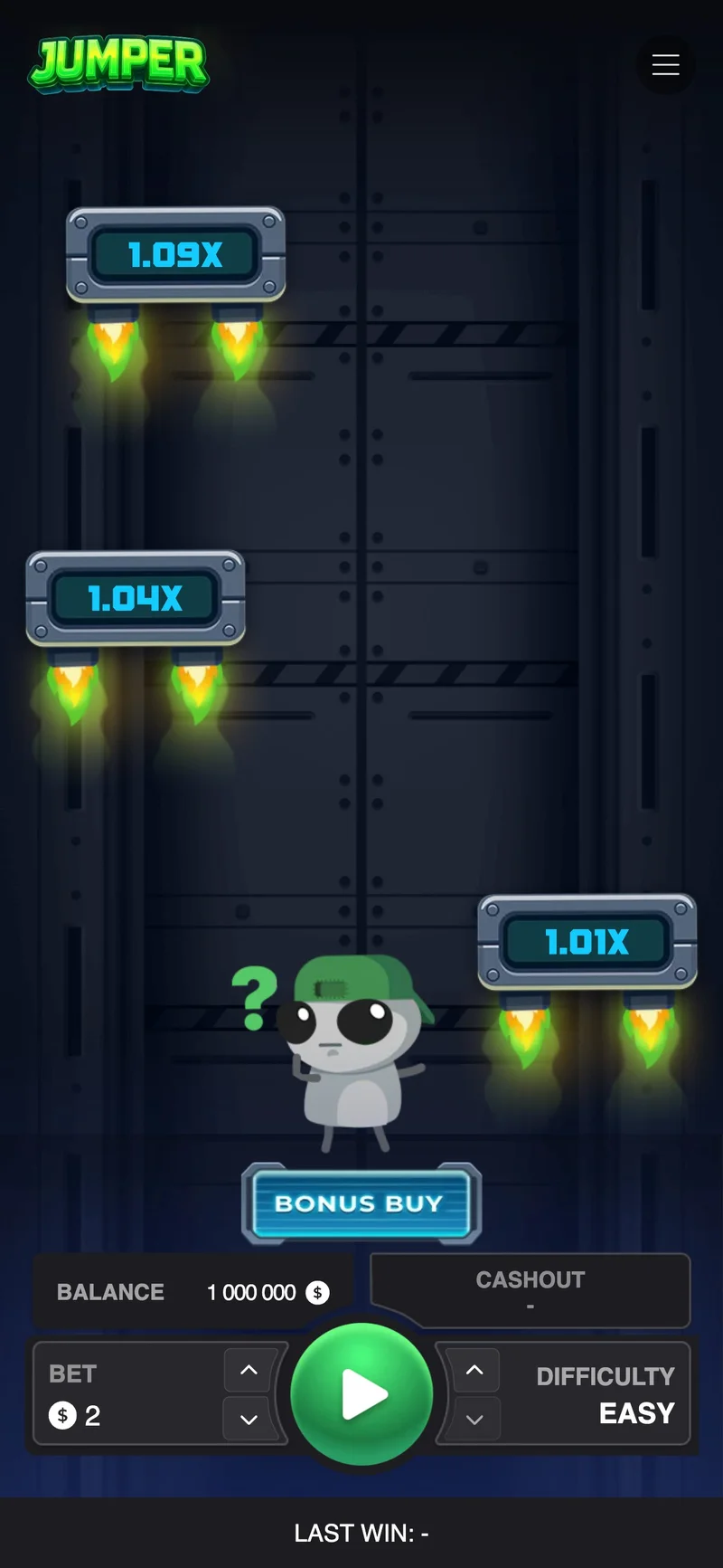 Interface du jeu Jumper par InOut Games avec le personnage robot sur les plateformes, les multiplicateurs x1,01, x1,04 et x1,09 affich&eacute;s et le bouton Cashout en bas.