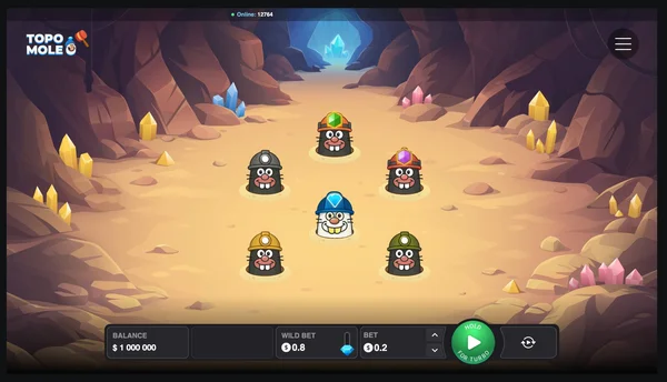 Interface du jeu Topo Mole par InOut Games avec six taupes qui sortent de leurs trous dans une grotte, le Wild Bet à 0,80 $ et la mise à 0,20 $ affichés en bas.