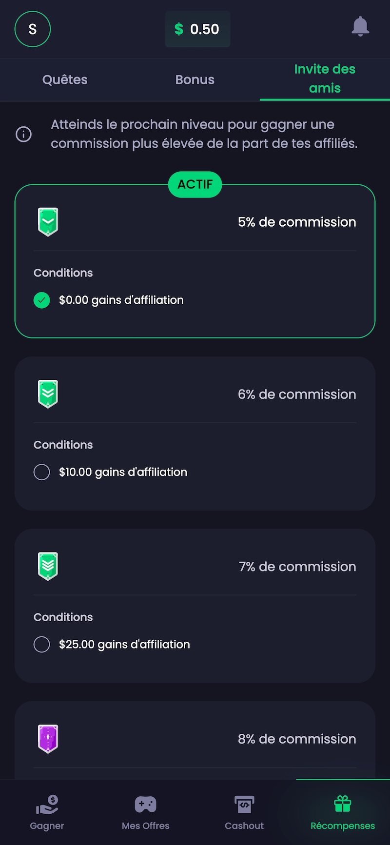 Page de parrainage Freecash montrant le programme d&rsquo;invitation avec les paliers de commission actifs, le taux de 5 % sur les gains des filleuls et l&rsquo;&eacute;volution des r&eacute;compenses selon le niveau.