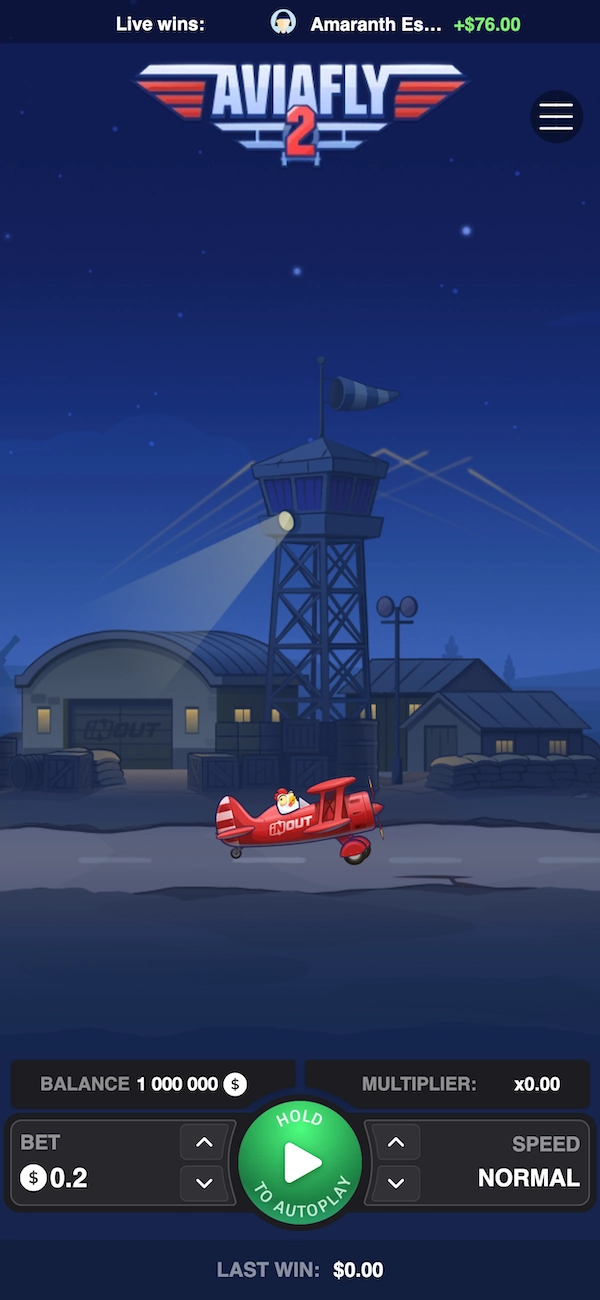 le jeu Avia Fly 2 d'InOut avec un avion rouge pr&ecirc;t &agrave; d&eacute;coller, une balance affich&eacute;e &agrave; un million de dollars et un bouton Hold to Autoplay