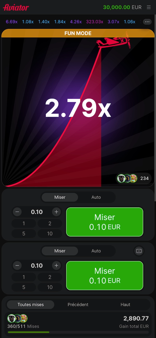 Aviator sur mobile chez Betify avec le mode fun activ&eacute;, multiplicateur affich&eacute; &agrave; 2,79x, deux boutons Miser &agrave; 0,10 EUR et la liste des mises en bas de l&rsquo;&eacute;cran