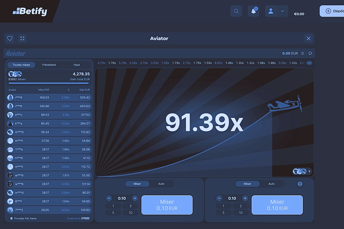 L&rsquo;interface du jeu de l'avion Aviator sur Betify qui affiche un multiplicateur de 91,39x avec la liste des mises des joueurs et le bouton Miser