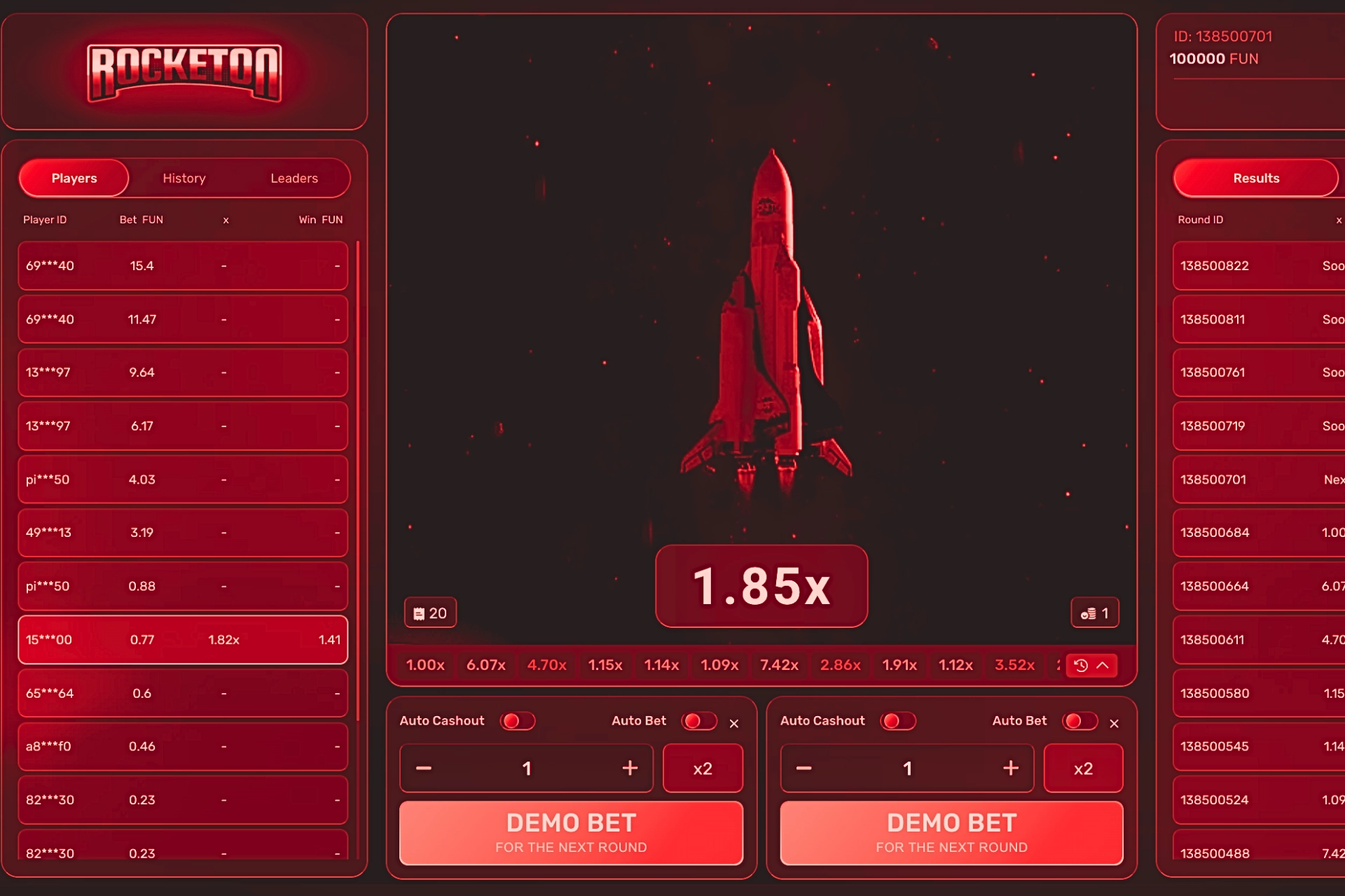 Écran du jeu crash Rocketon sur casino en ligne avec une fusée au centre prête à décoller, multiplicateur affiché à 1.85x, historique des multiplicateurs en bas (1.00x, 6.07x, 4.70x, 7.42x…), mode démo actif avec 100000 FUN en haut à droite, options Auto Cashout et Auto Bet activables, bouton DEMO BET visible pour parier au prochain tour.