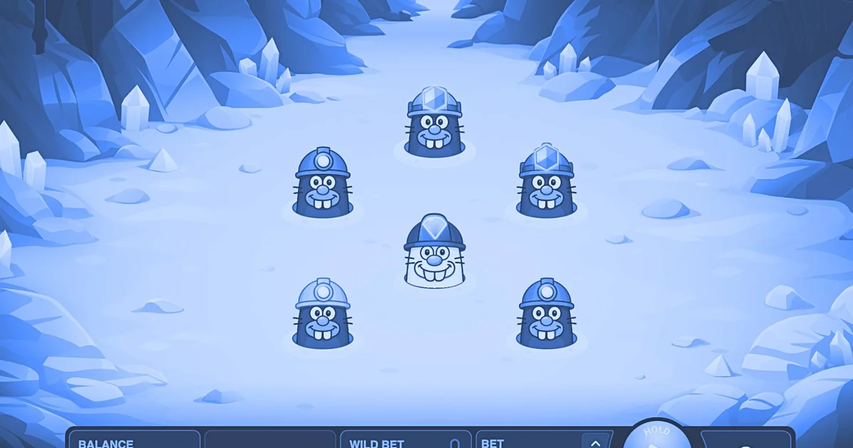 Interface du jeu de la taupe Topo Mole par InOut Games avec six taupes qui sortent de leurs trous dans une grotte, le Wild Bet &agrave; 0,80 $ et la mise &agrave; 0,20 $ affich&eacute;s en bas.