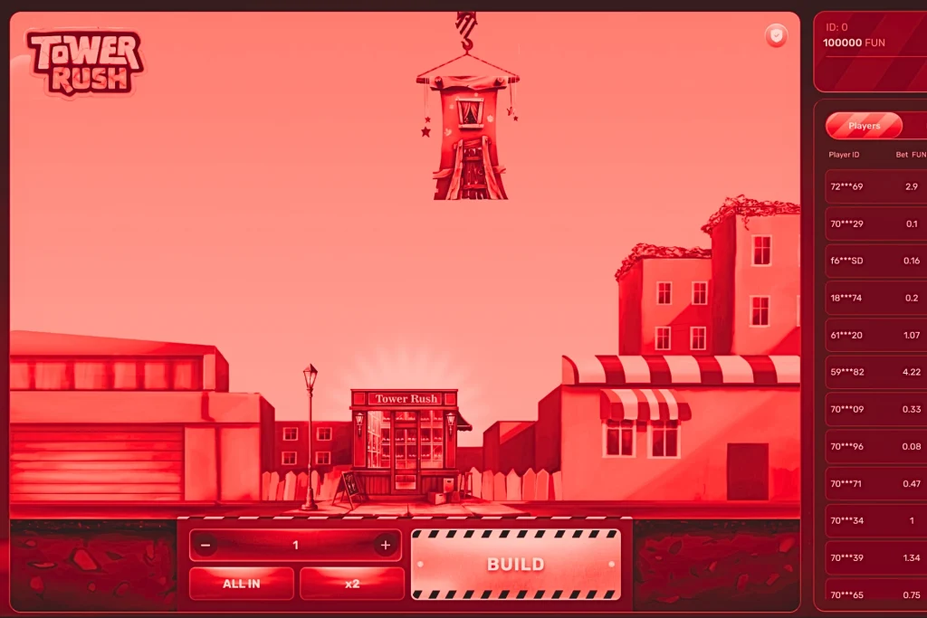 Interface du jeu de la tour Tower Rush sur casino en ligne, montrant un étage suspendu par une grue prêt à être posé sur la tour, décor urbain en arrière-plan avec boutique Tower Rush, bouton BUILD au centre en bas, options ALL IN et x2 visibles, mode FUN à 100000 crédits affiché en haut à droite et liste des joueurs en direct sur le côté droit.