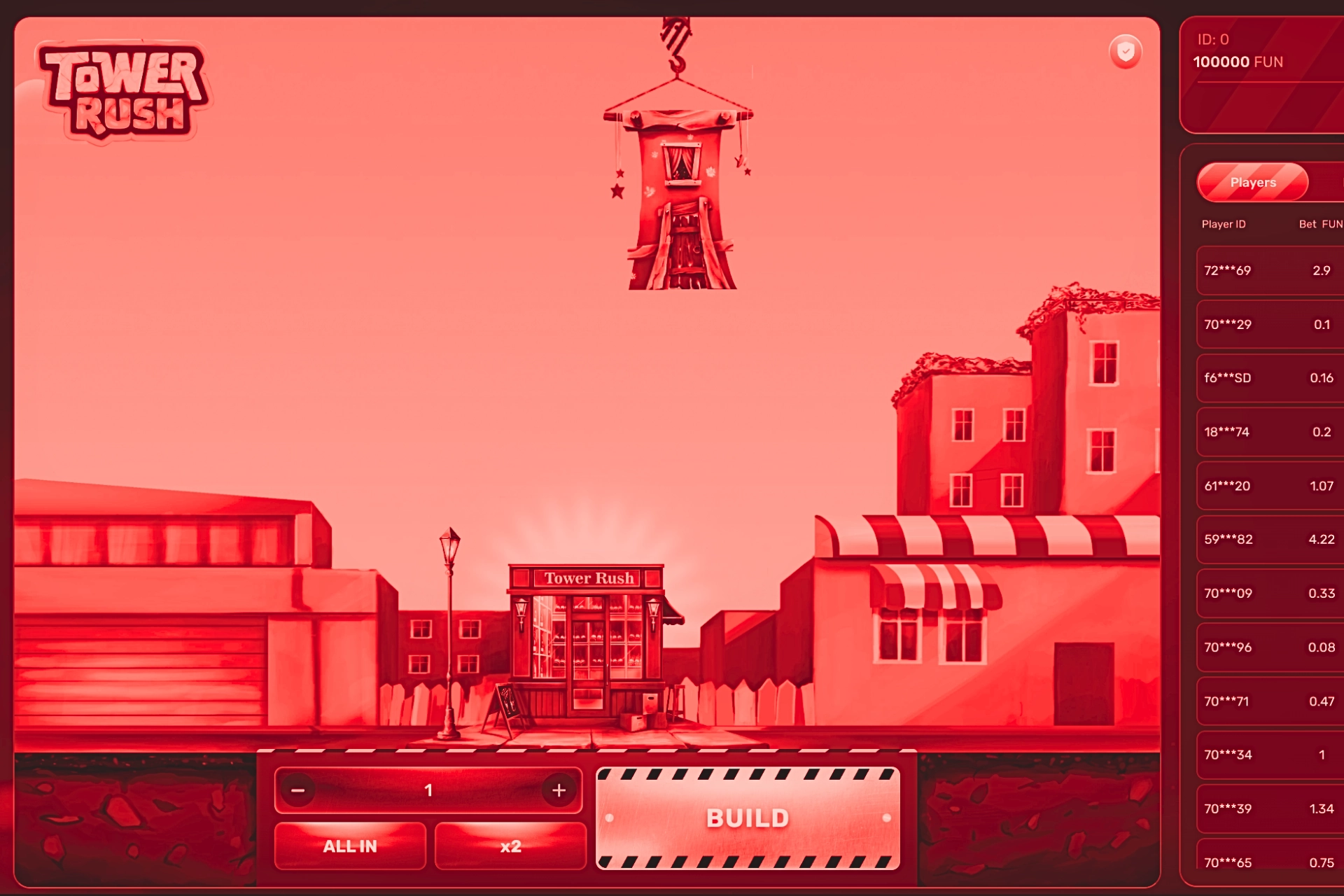 Interface du jeu de la tour Tower Rush sur casino en ligne, montrant un étage suspendu par une grue prêt à être posé sur la tour, décor urbain en arrière-plan avec boutique Tower Rush, bouton BUILD au centre en bas, options ALL IN et x2 visibles, mode FUN à 100000 crédits affiché en haut à droite et liste des joueurs en direct sur le côté droit.