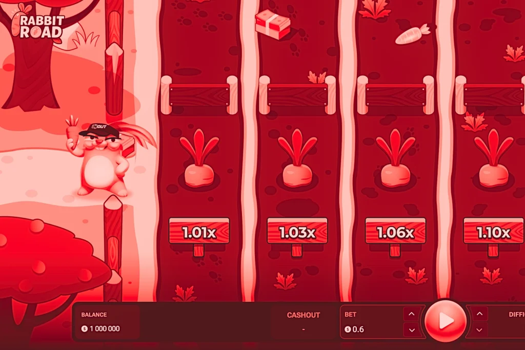 Écran du jeu Rabbit Road sur casino en ligne, montrant un lapin tenant une carotte à gauche de l’écran, plusieurs cases avec multiplicateurs 1.01x, 1.03x, 1.06x et 1.10x affichés, balance à 1 000 000 en bas, section Cashout et mise réglée à 0.6, bouton Play rouge central et logo INOUT visible.